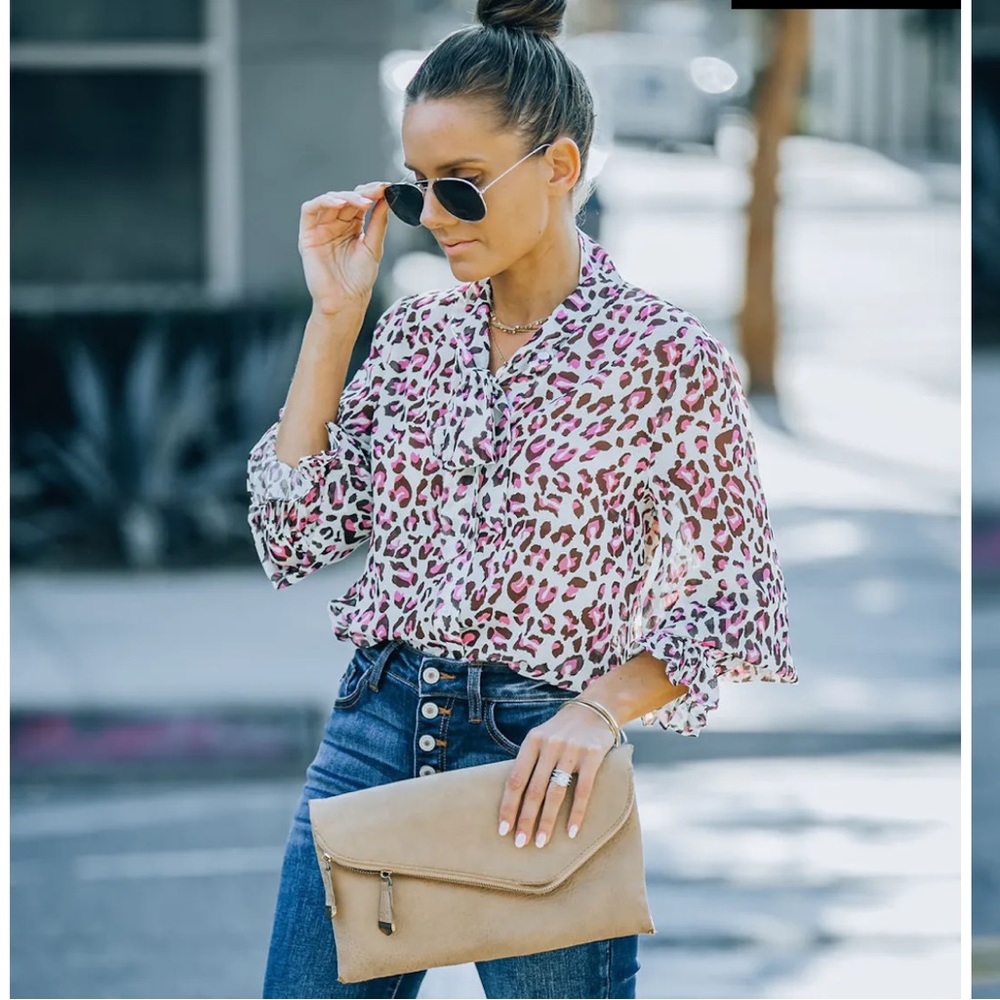 Leopard Button Down Tie Blouse